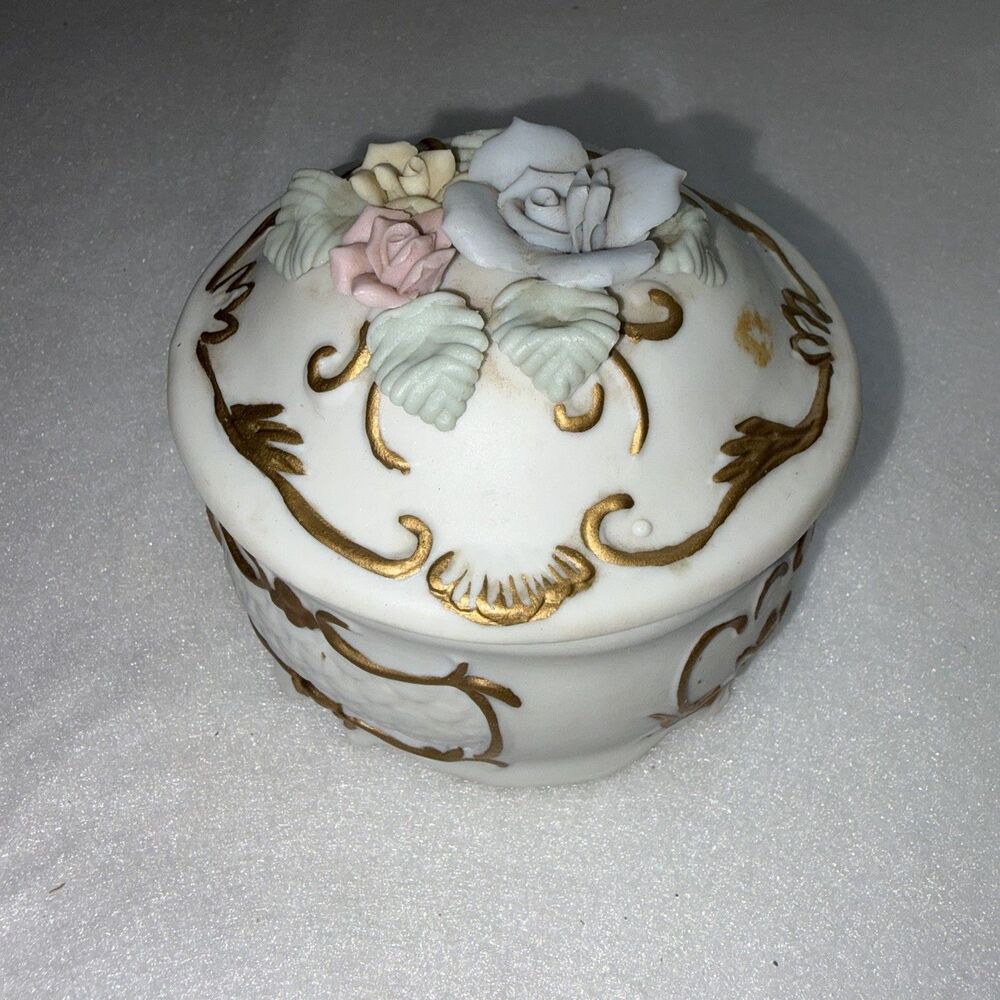 Vintage Porcelain Bisque Blue, Yellow, Pink Roses 3.75" round Trinket Box Korea